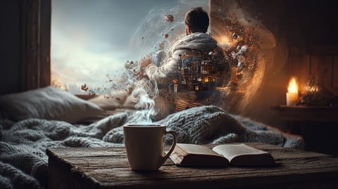 Rincón acogedor con luz cálida, una taza de café y materiales naturales