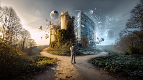 Dos caminos que se bifurcan en un bosque, uno hacia un castillo pesado y otro hacia un edificio moderno