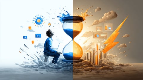 Dos caminos divergentes, uno con un reloj de arena y otro con una flecha ascendente