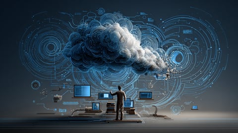 Diagrama abstracto de contenido fluyendo desde una base de datos hacia múltiples pantallas