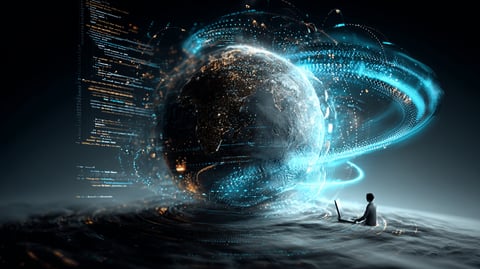 Secuencia visual de un commit de código transformándose en un sitio web activo con nodos CDN iluminados