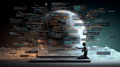 Una página web con fragmentos de código JSON-LD flotando como etiquetas visibles que un robot de búsqueda lee con atención