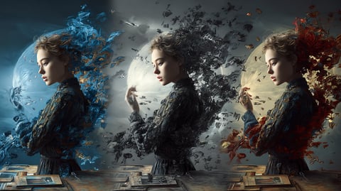 Una imagen que se descompone en tres versiones de diferente peso y calidad, representando los formatos AVIF, WebP y JPEG