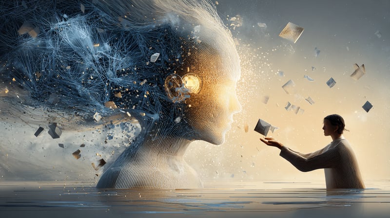 Una mano sostiene un pequeño mapa luminoso y lo entrega a una figura abstracta que representa una inteligencia artificial, con la estructura de un sitio web iluminada al fondo