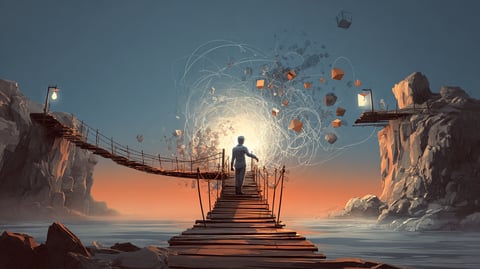 Dos puentes paralelos sobre un mismo valle conectando la misma orilla, simbolizando el cambio de generador estático manteniendo el destino