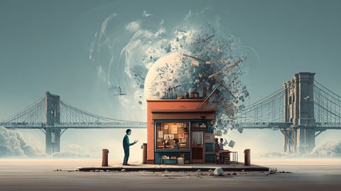 Una pequeña tienda local cuya acera ha sido sustituida por un puente de peaje operado por dos gigantes corporativos