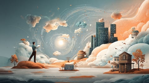 Un paisaje abierto con pequeños negocios (una clínica, una tienda, un restaurante, un estudio) conectados por líneas de luz a una web central luminosa