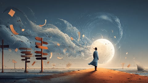 Un camino bordeado por señales indicadoras que se desvanecen mientras una esfera de luz flotante responde directamente a una persona