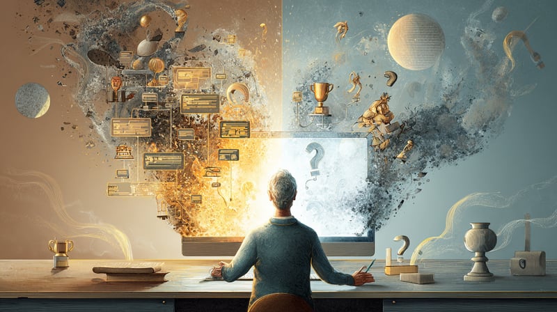 Dos personas miran la misma pantalla de un ordenador y ven cosas distintas, una sonríe orgullosa y la otra busca confundida