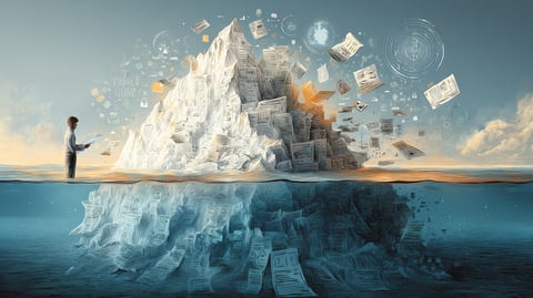 Un iceberg visto de lado con el presupuesto inicial asomando sobre la superficie y una masa mucho mayor de facturas recurrentes sumergida