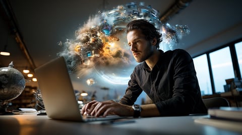 Una persona leyendo en silencio una entrada de blog en la pantalla de un portátil, sola en una oficina ordenada y sin ruido