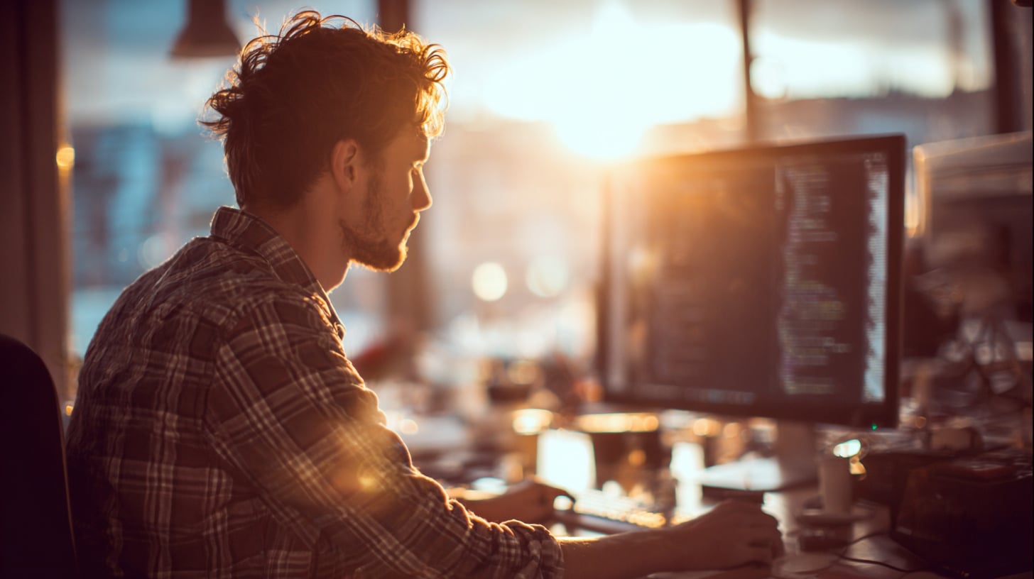 Autónomo societario trabajando en el ocaso del día