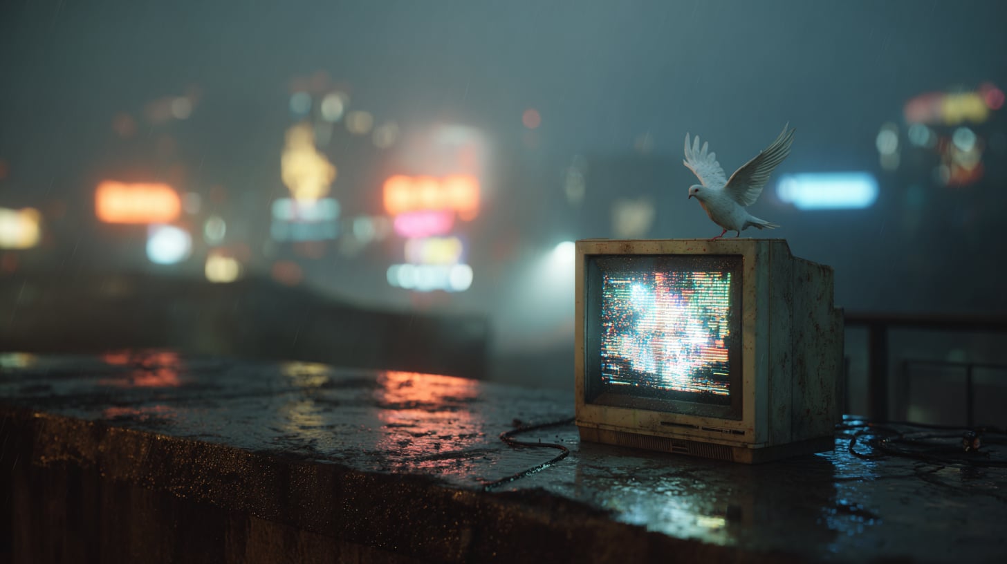 Monitor CRT antiguo encendido sobre el borde de una azotea mojada por la lluvia, con luces de neón difuminadas al fondo y una paloma blanca alzando el vuelo