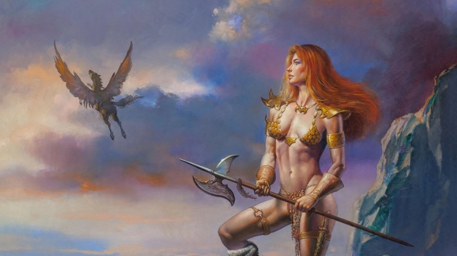 Ilustración fantástica al estilo de Boris Vallejo: figura heroica con musculatura imposible iluminada por una luz dramática sobre fondo oscuro