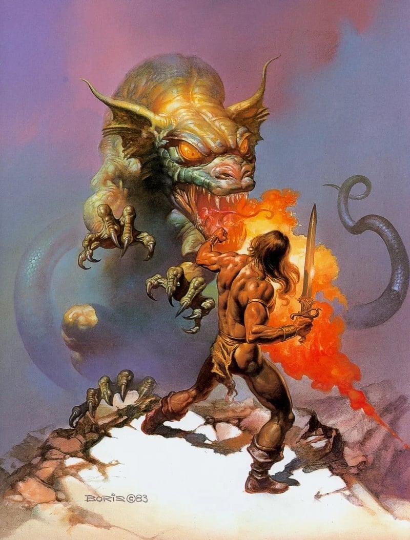 Ilustración de Boris Vallejo: figura heroica de fantasía épica con musculatura imposible y luz dramática, representativa de su trabajo para las portadas de novelas de bolsillo americanas