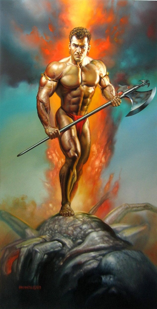 Ilustración de Boris Vallejo al óleo: figura construida desde referencias fotográficas reales, con anatomía convincente y hiperrealismo que no cae en lo grotesco