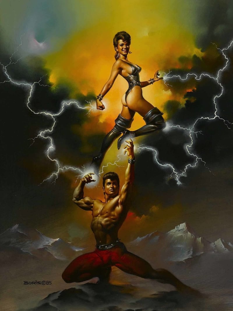 Ilustración de Boris Vallejo: obra representativa de su dominio técnico del óleo, con figuras de proporciones míticas y luz dramática