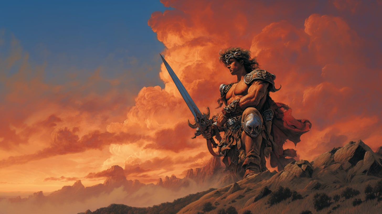 Ilustración fantástica al estilo de Boris Vallejo: figura heroica con musculatura imposible iluminada por una luz dramática sobre fondo oscuro