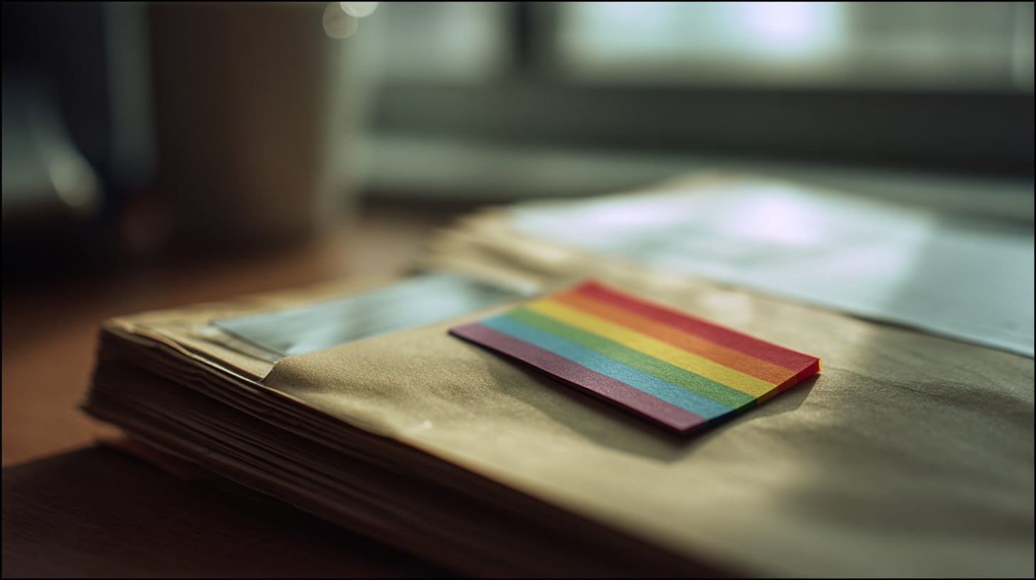 Post-it con franjas en colores del arcoíris colocado encima de una gruesa carpeta corporativa color beige sobre una mesa de madera; única mancha de color en una escena por lo demás neutra y silenciosa, evocando un gesto temporal aplicado sobre un fondo permanente.