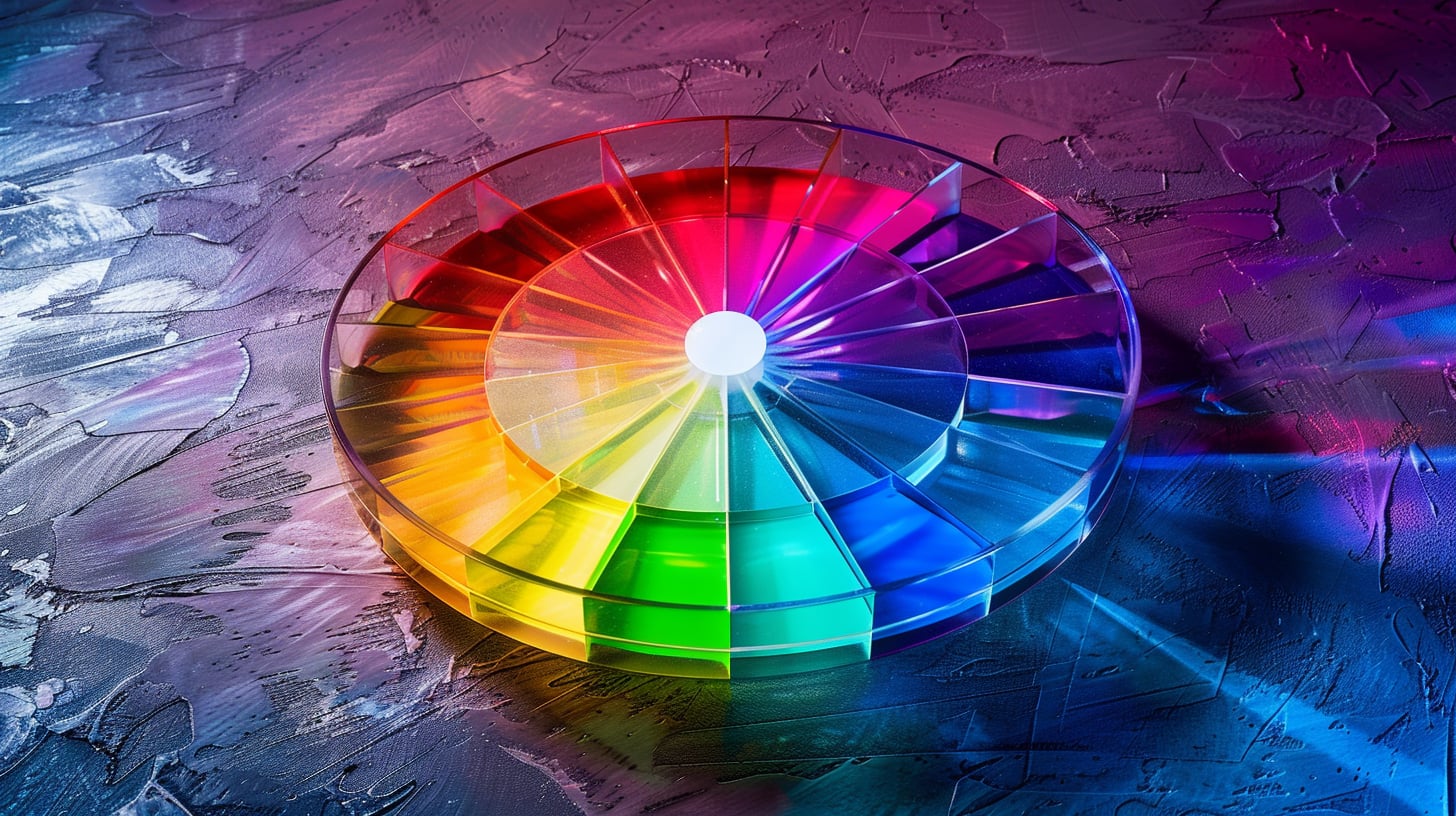 Rueda de colores espectrales iluminada sobre fondo oscuro, con rayos de luz que forman un círculo cromático