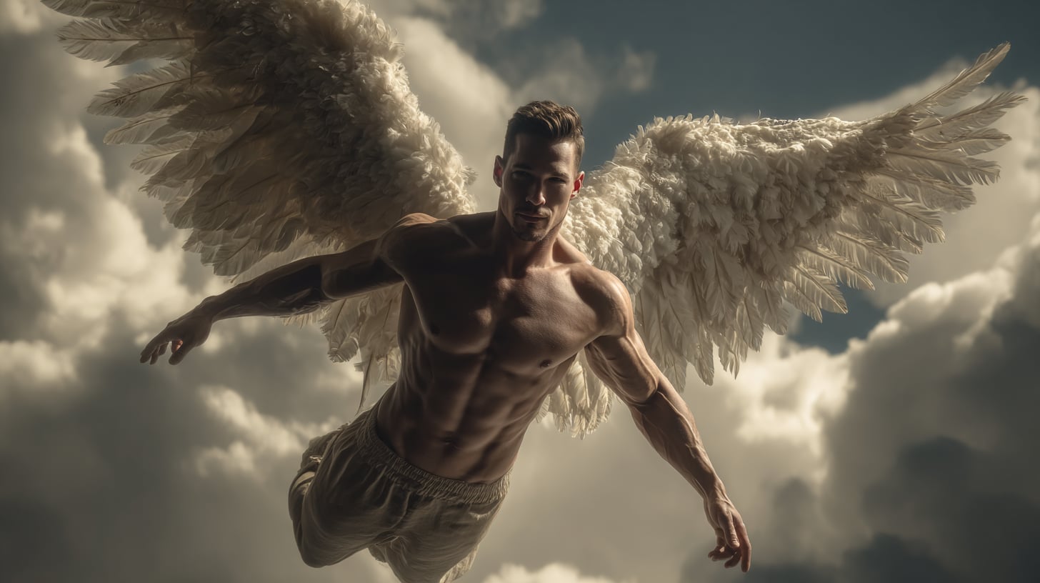 Ángel masculino de grandes alas blancas reclinado en una escenografía retrofuturista, evocación visual de Pygar.