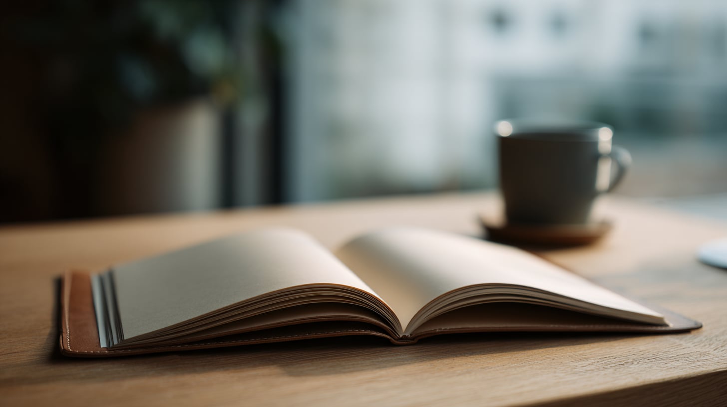 Cuaderno de tapa de cuero abierto sobre una mesa de madera; una página recién pasada conserva la curva del pliegue, la nueva está limpia y lista para escribir. Al fondo, desenfocadas, la silueta de una ventana y la de una taza de café.