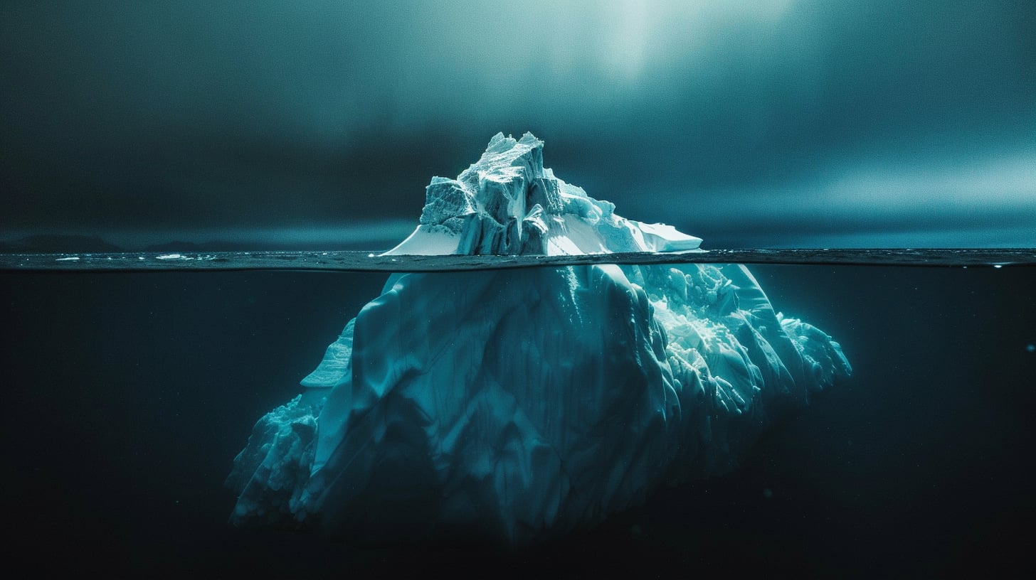 Vista submarina de un iceberg, con la pequeña punta visible sobre la superficie y la enorme masa helada hundiéndose en el agua oscura.