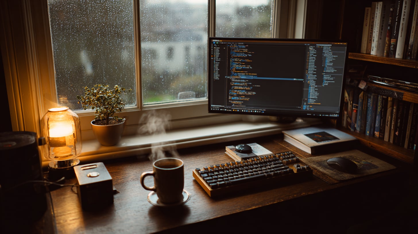 Mesa de trabajo con un teclado mecánico, una taza de café humeante y al fondo desenfocada una pantalla con código, todo iluminado con luz cálida lateral