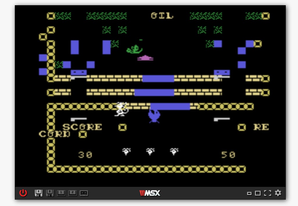 Captura de pantalla del juego Gasoil ejecutándose en el emulador con el escenario completamente desconfigurado, sprites cruzados y marcos rotos