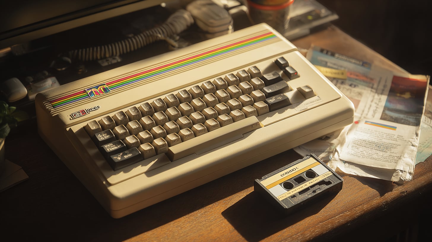Plano cenital de un Toshiba MSX antiguo sobre una mesa de madera, con una cinta cassette etiquetada a mano, fotografía iluminada con luz cálida de tarde a través de una ventana
