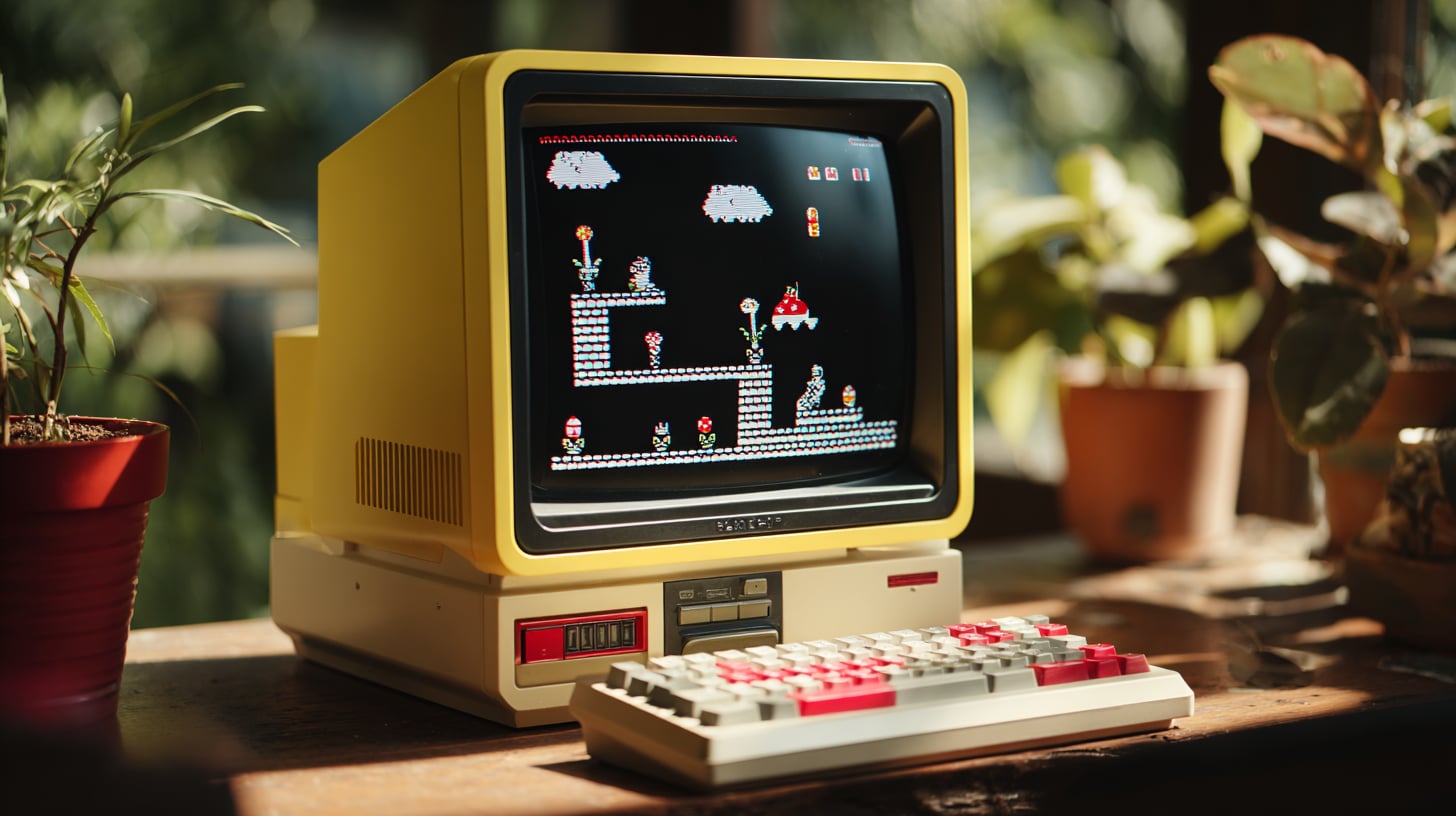Pantalla de un ordenador moderno mostrando un juego de píxeles retro con tres niveles de plataformas, sprites blancos y rojos sobre fondo negro y un marco amarillo punteado, fotografía con luz natural