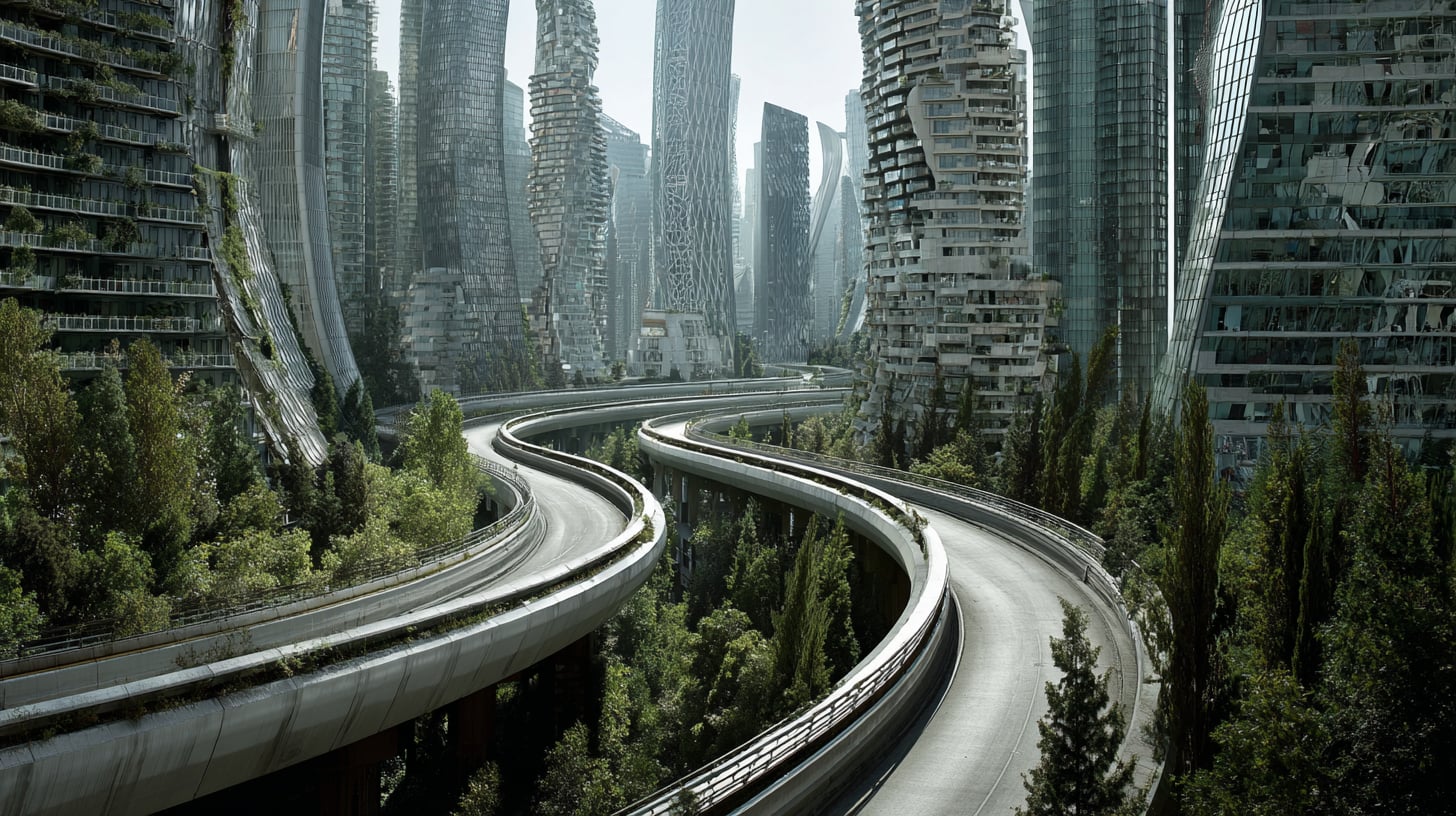 Carretera en curva pronunciada en el centro de una gran ciudad.