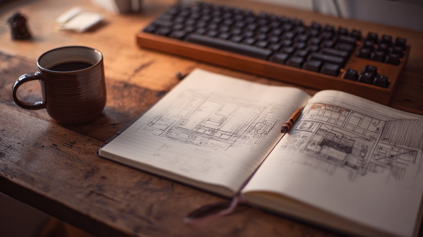Plano cenital de una mesa de trabajo con un cuaderno abierto con un boceto manuscrito de una página web sencilla, una taza de café y un teclado mecánico, todo iluminado por luz cálida lateral