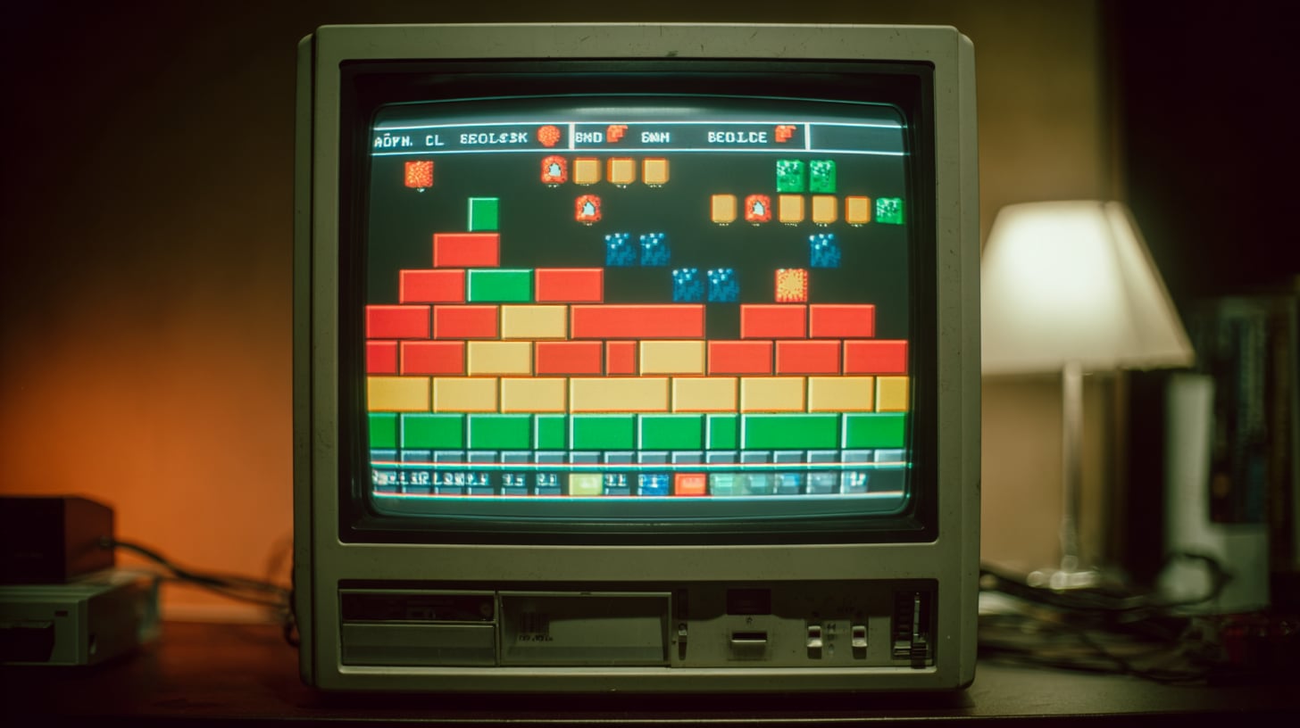 Pantalla de juego retro mostrando una pared de ladrillos de colores en la parte superior, una paleta horizontal en la parte inferior y una pelota cuadrada en mitad de la pantalla, todo con estética arcade ochentera