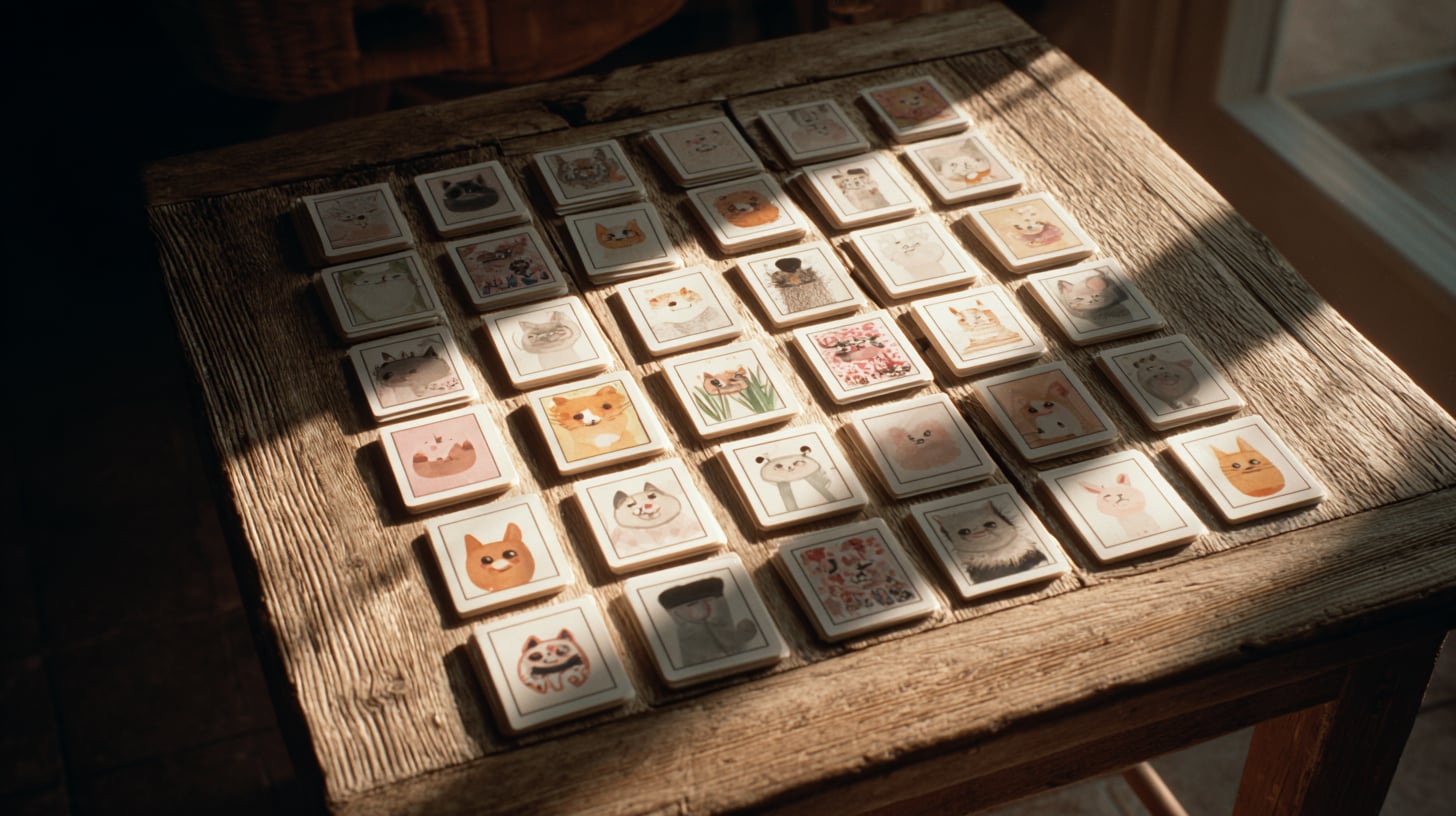 Vista cenital de una mesa de madera con varias cartas cuadradas boca abajo dispuestas en una rejilla regular y un par de ellas levantadas mostrando dibujos infantiles de animales