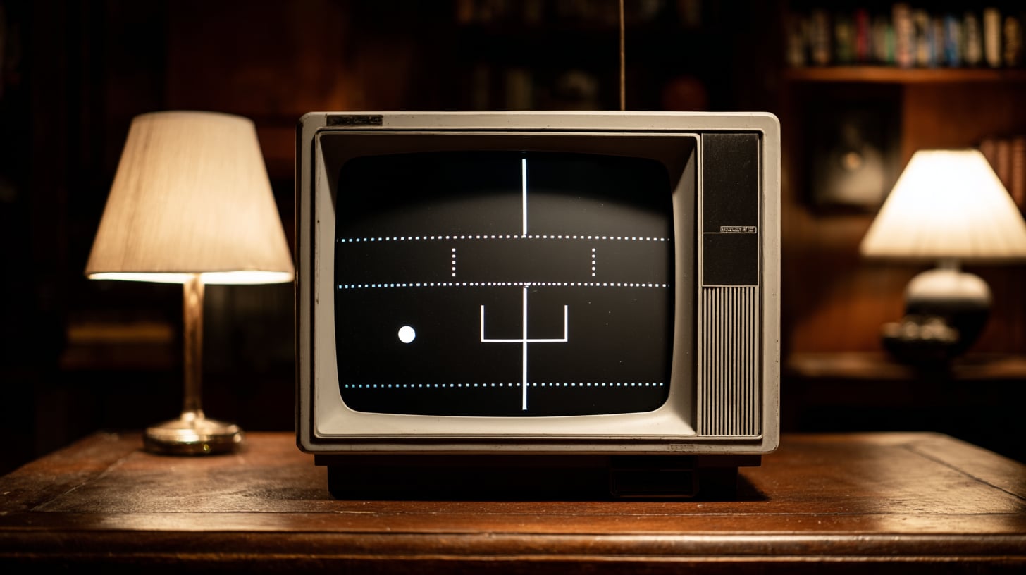 Pantalla negra mostrando una versión minimalista del Pong original con dos paletas blancas a los lados y una pelota cuadrada en el centro, junto a una línea de puntos vertical que divide el campo
