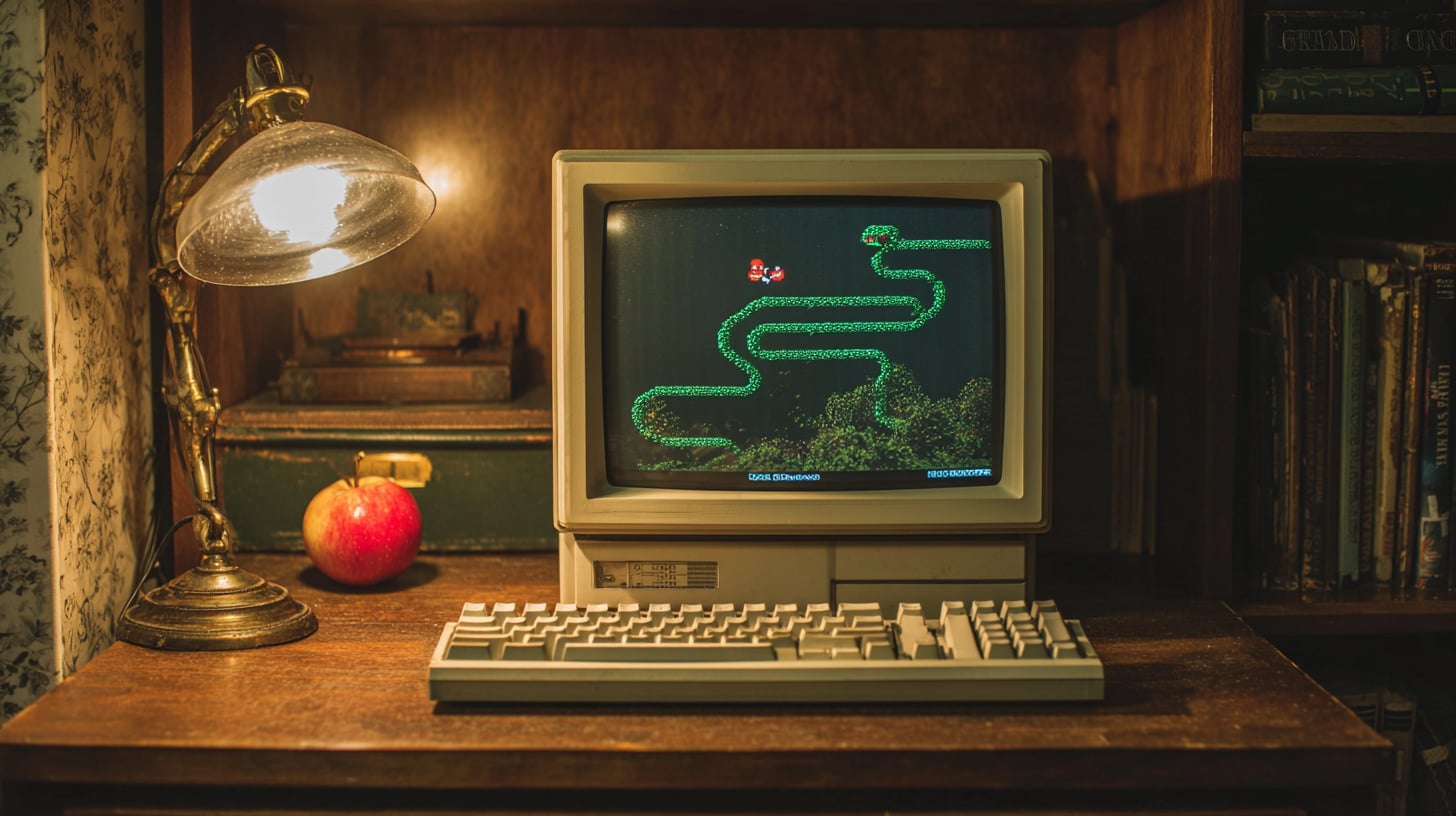 Pantalla de un viejo monitor mostrando una versión sencilla del juego de la serpiente con una serpiente verde sobre fondo oscuro y una manzana roja en una esquina