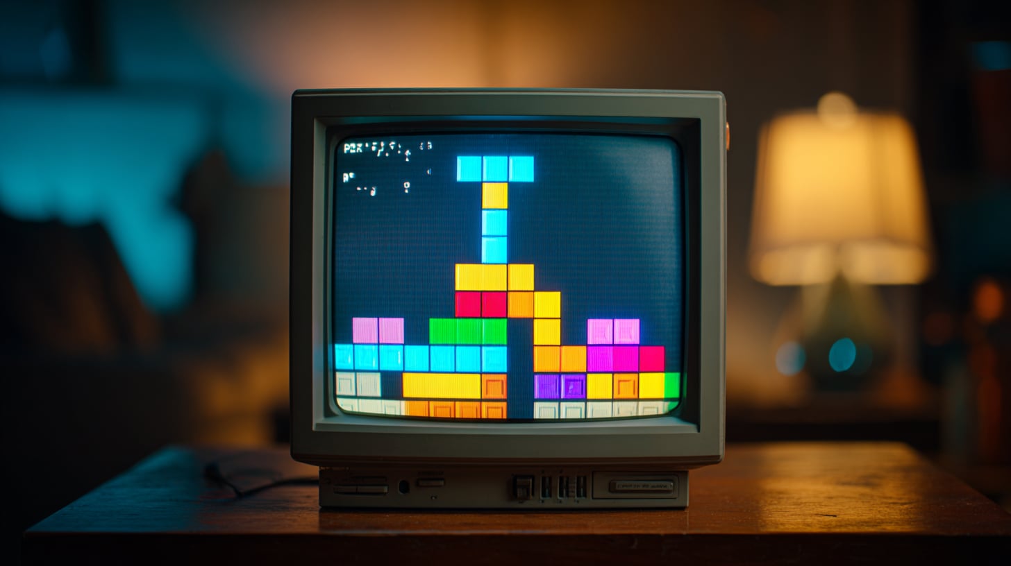 Pantalla vertical de juego retro con bloques de colores apilados en la parte inferior, una pieza descendiendo hacia ellos en la parte superior, sobre fondo oscuro y rejilla de cuadrícula tenue al fondo