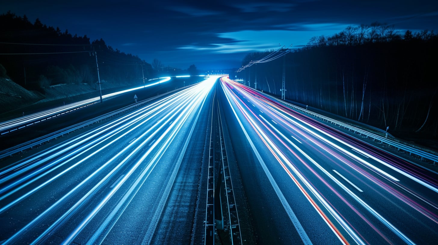 Fotografía de larga exposición de una autopista vacía de noche, con rastros de luz de un vehículo cruzando el encuadre.