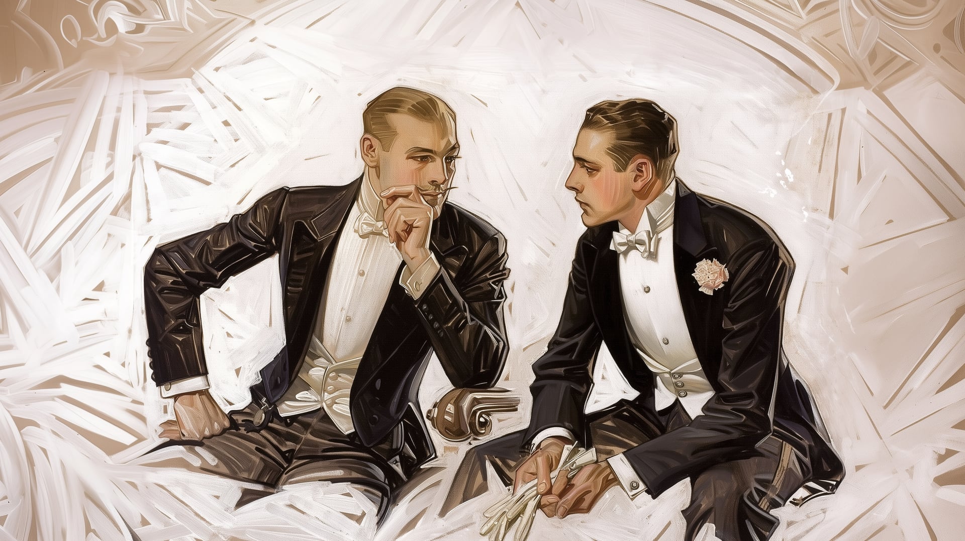 Ilustración elegante al estilo de J.C. Leyendecker: figura masculina con postura escultórica, ropa de época, trazos seguros y paleta cálida