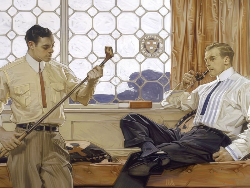 Ilustración de J.C. Leyendecker: figura masculina elegante con postura escultórica, pincelada suelta y paleta cálida