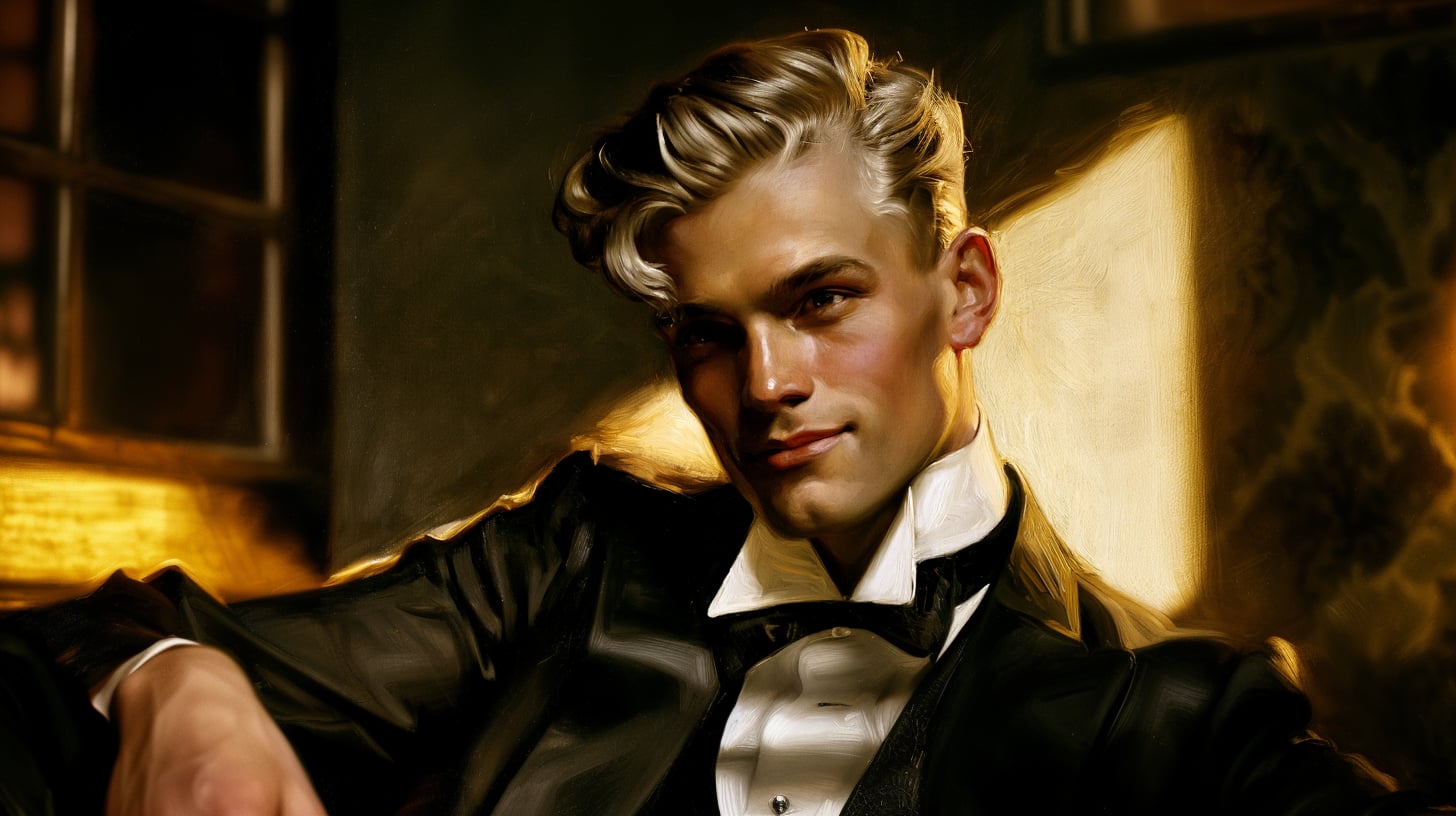 Ilustración elegante al estilo de J.C. Leyendecker: figura masculina con postura escultórica, ropa de época, trazos seguros y paleta cálida