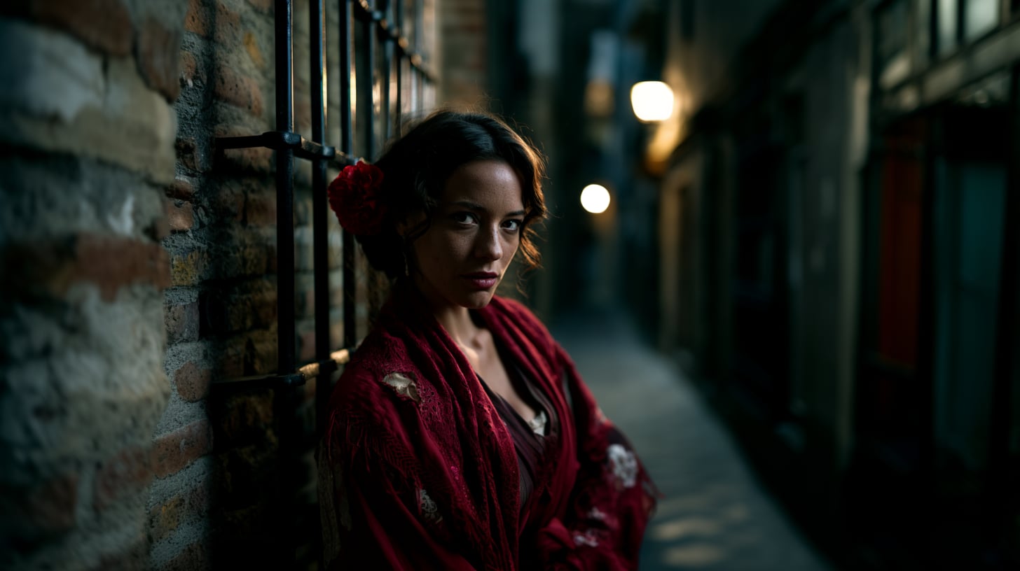 Una mujer de cabello oscuro con un clavel rojo en el pelo y mantón de encaje, mirando desafiante en un callejón sevillano al atardecer
