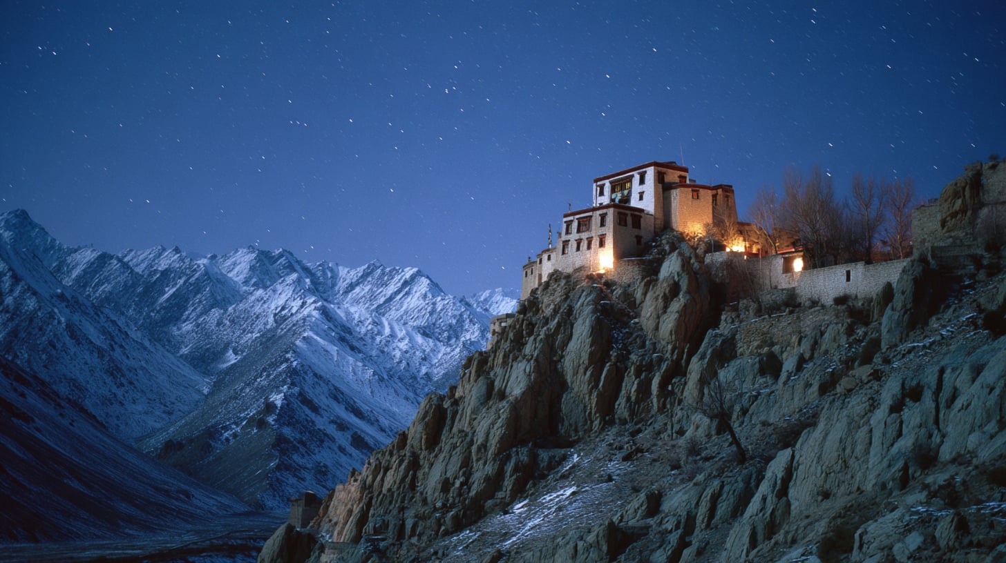 Monasterio tibetano en la niebla nocturna bajo un cielo estrellado que se apaga lentamente