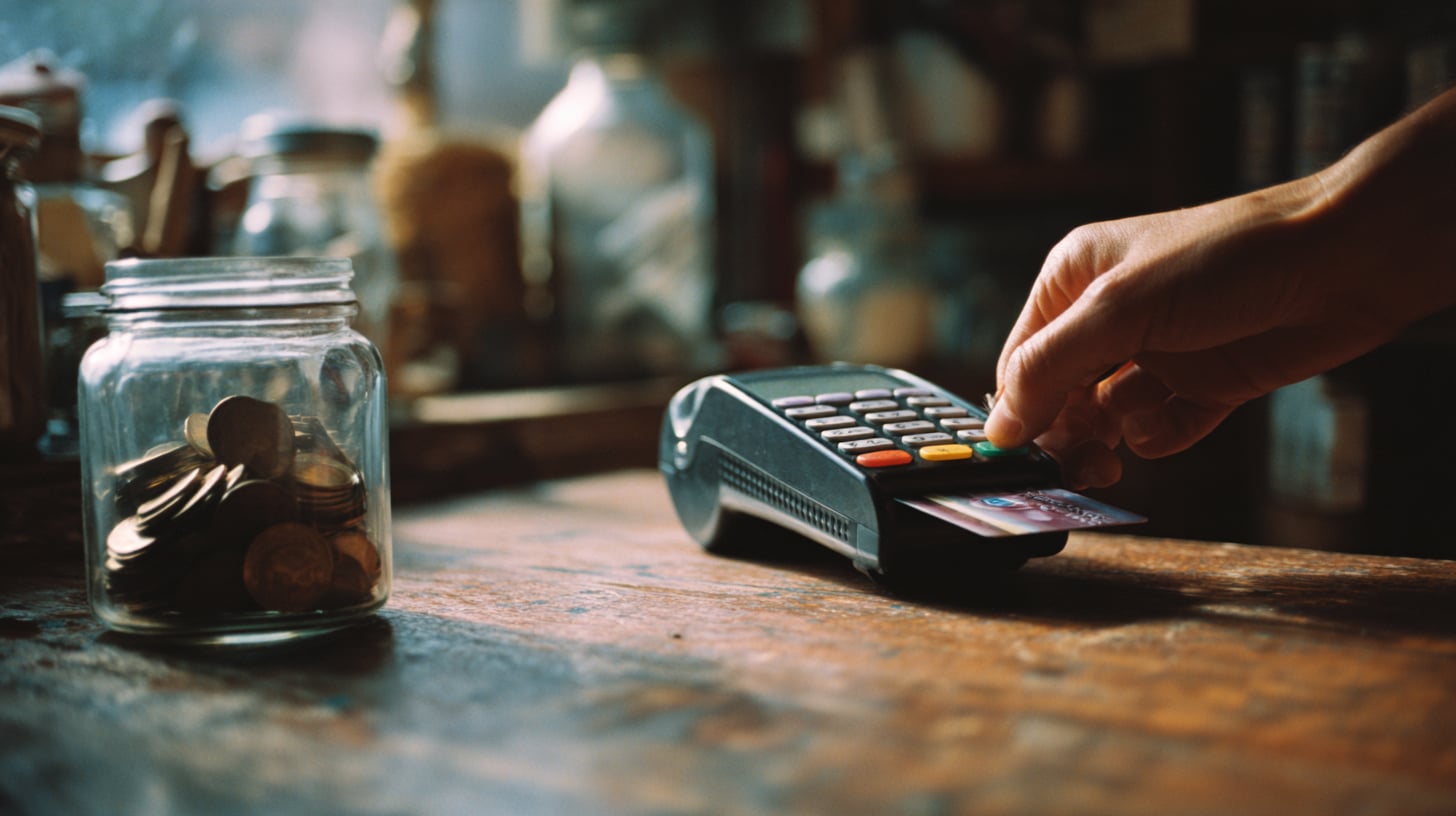 Mano introduciendo una tarjeta bancaria en un datáfono sobre el mostrador de madera de una pequeña tienda de barrio, con luz cálida y tarro de cristal con monedas sueltas desenfocado en una esquina
