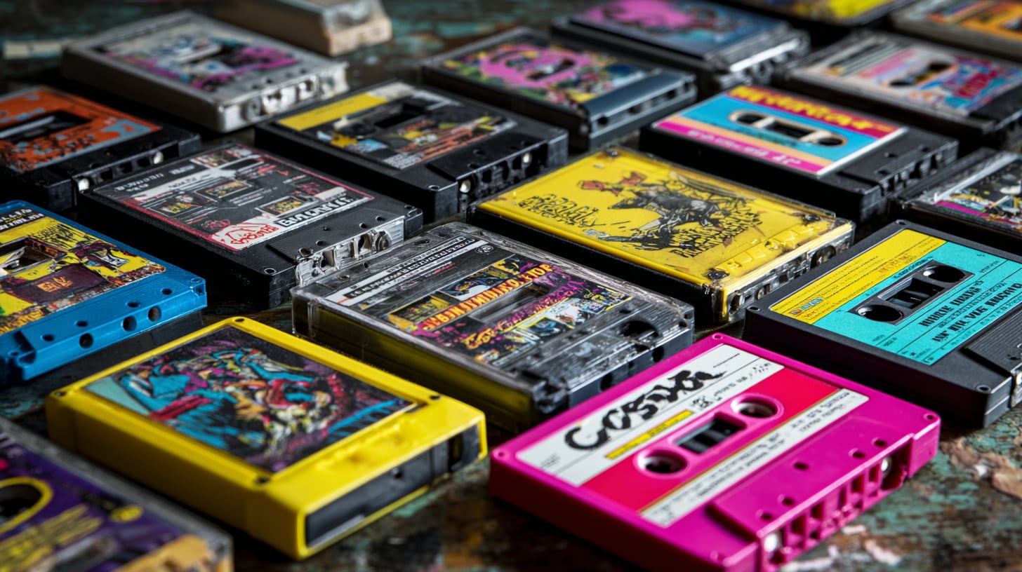 Cassettes y carátulas de videojuegos españoles de los años 80 sobre una superficie desgastada, con colores vibrantes y tipografías de la época