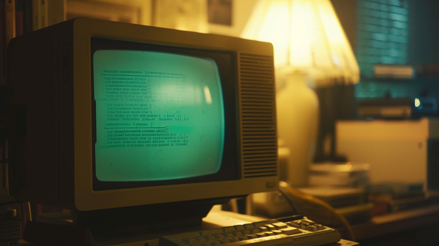 Monitor CRT antiguo encendido en una habitación oscura, con el cursor parpadeante en pantalla.