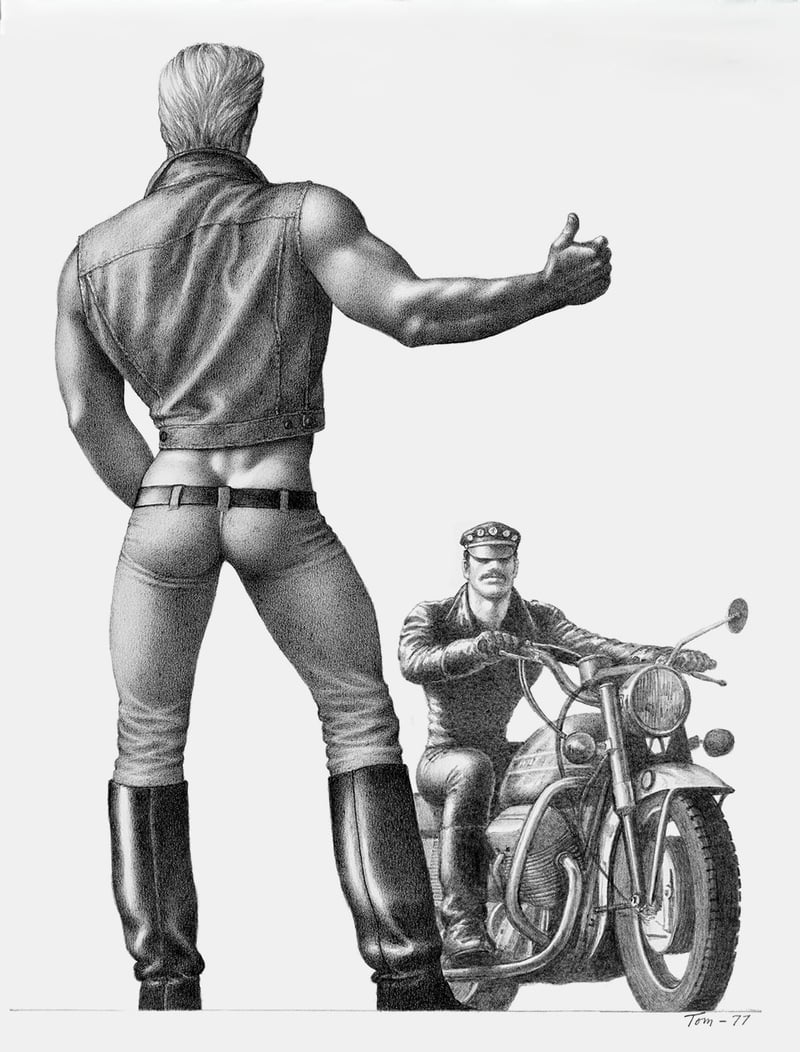 Ilustración de Tom of Finland: escena con la iconografía del cuero y la motocicleta que definió la estética de varias subculturas