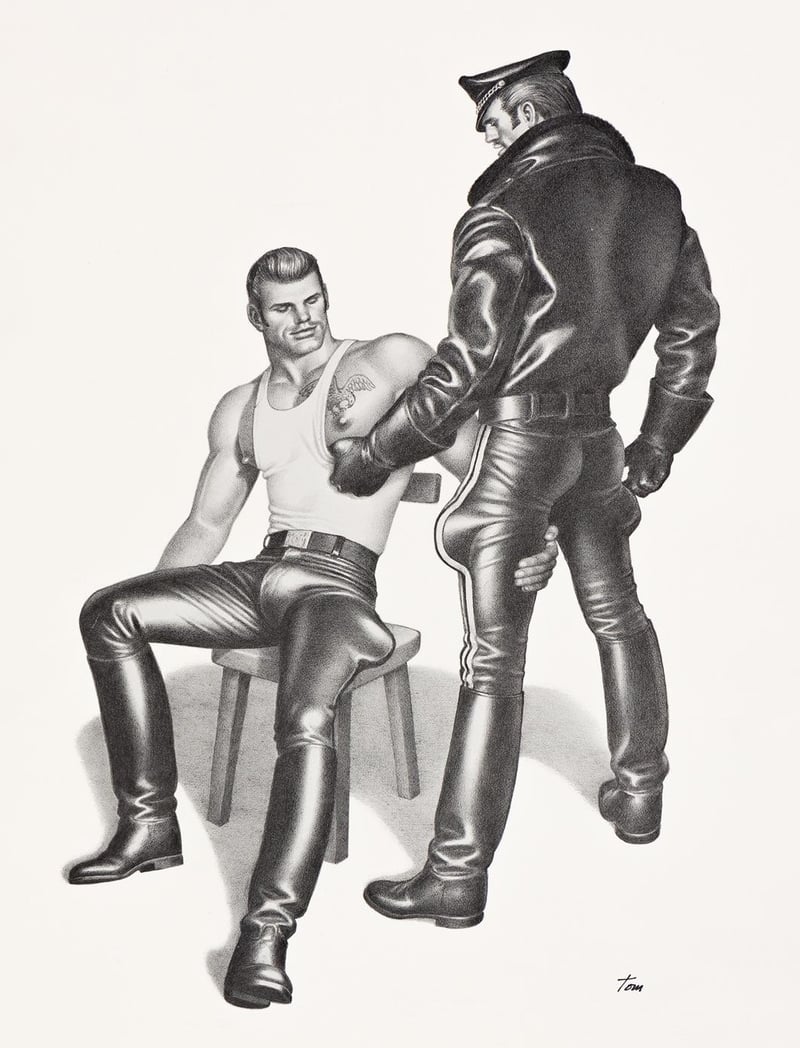 Ilustración de Tom of Finland: detalle que muestra la precisión del trazo, el control de la luz y la sombra, y la composición de la figura