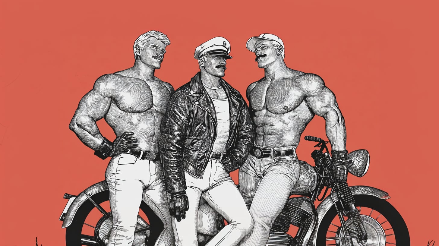 Ilustración al estilo de Tom of Finland: tres hombres musculosos con gorras y chaqueta de cuero junto a una motocicleta, sobre fondo rojo